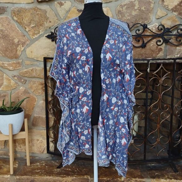 Japna One Size Kimono Bohemian Blue Floral Coverup‎ - Picture 1 of 8